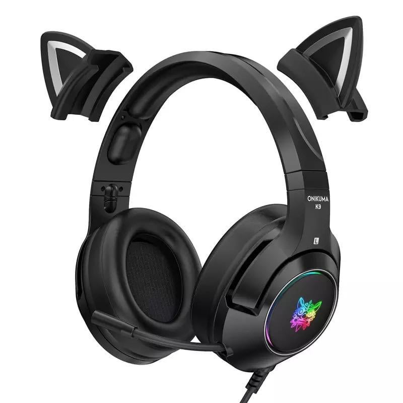 Наушники игровые Onikuma K9 с кошачьими ушками с LED-подсветкой и микрофоном Черный - фото 3