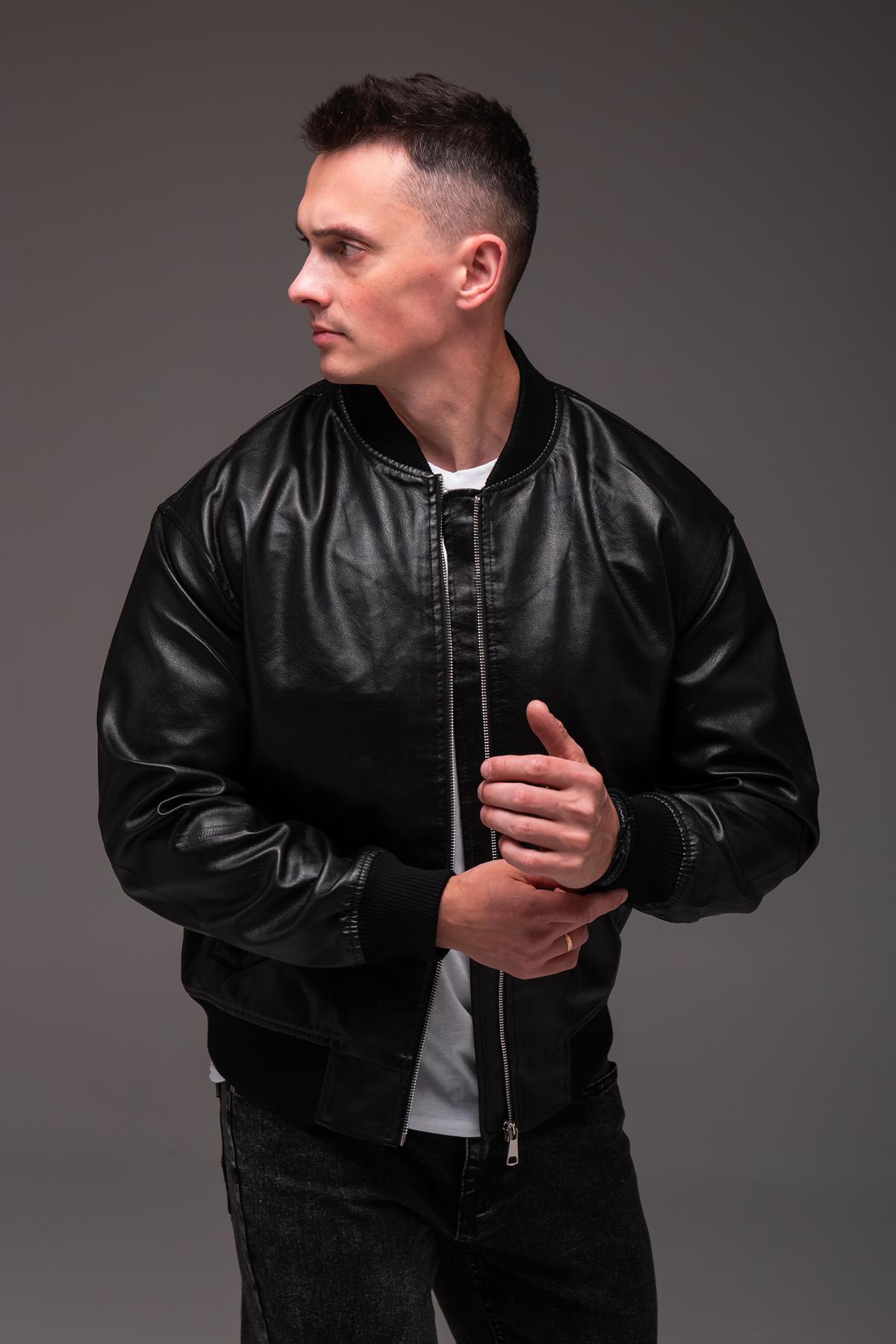 Бомбер чоловічий з еко шкіри весняно-осінній 3XL Чорний (2410/4)