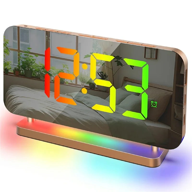 Светодиодный будильник цифровой RGB с зеркальным дисплеем и USB/Type-C зарядкой