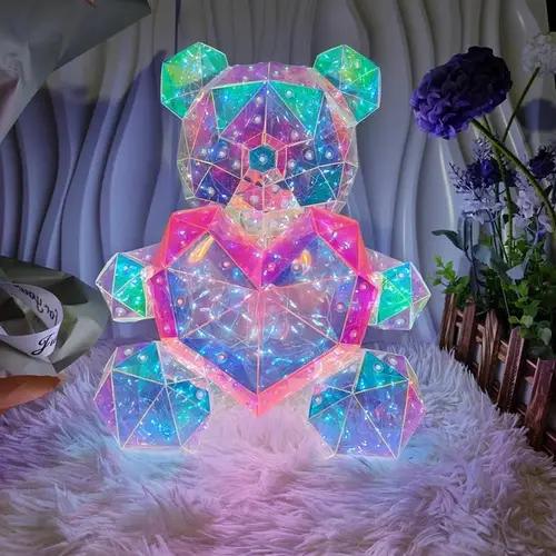 Ведмедик Love Bear голографічний 3D з LED підсвічуванням з рожевим серцем 32 см