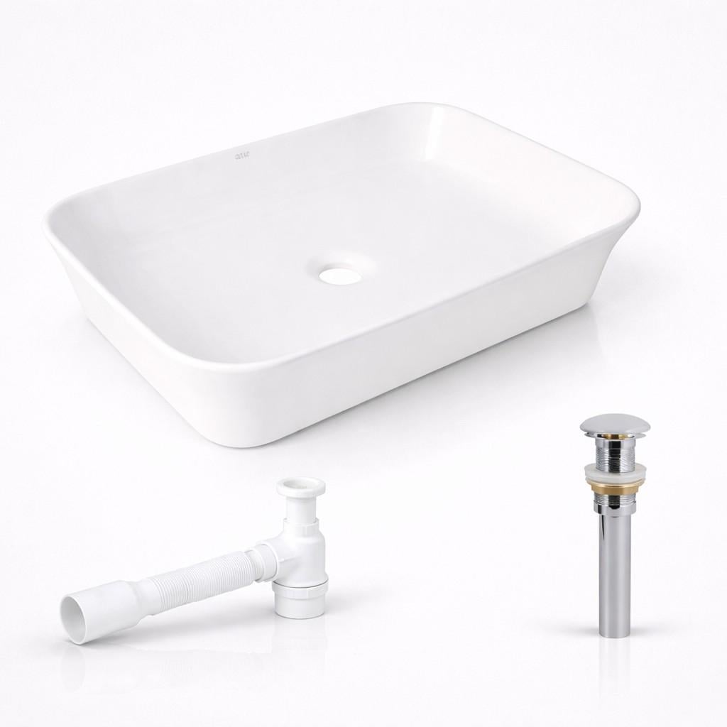 Комплект Qtap Virgo N 560×380 White накладна раковина прямокутна/донний клапан Pop-up PU02/сифон (33356151)