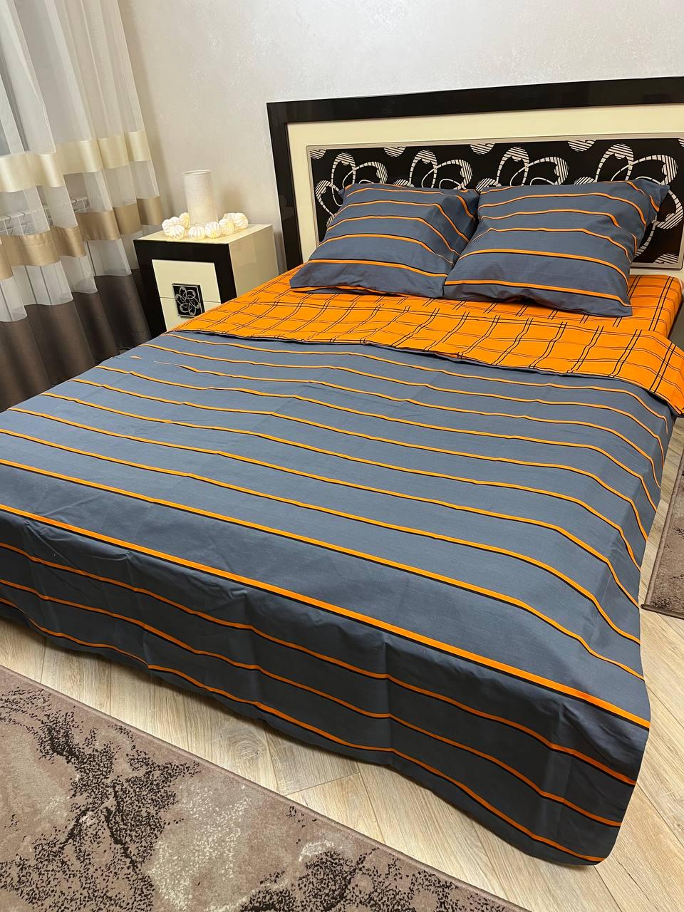 Комплект постільної білизни У смужку 200х220 см євро бавовняний 50х70 см Сірий/Помаранчевий