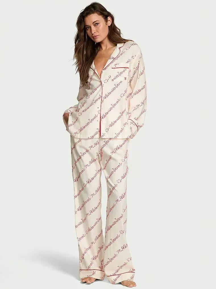 Пижама хлопковая Victoria's Secret Cotton Flannel Long Pajama Set Long Long L Белый (2671490D)