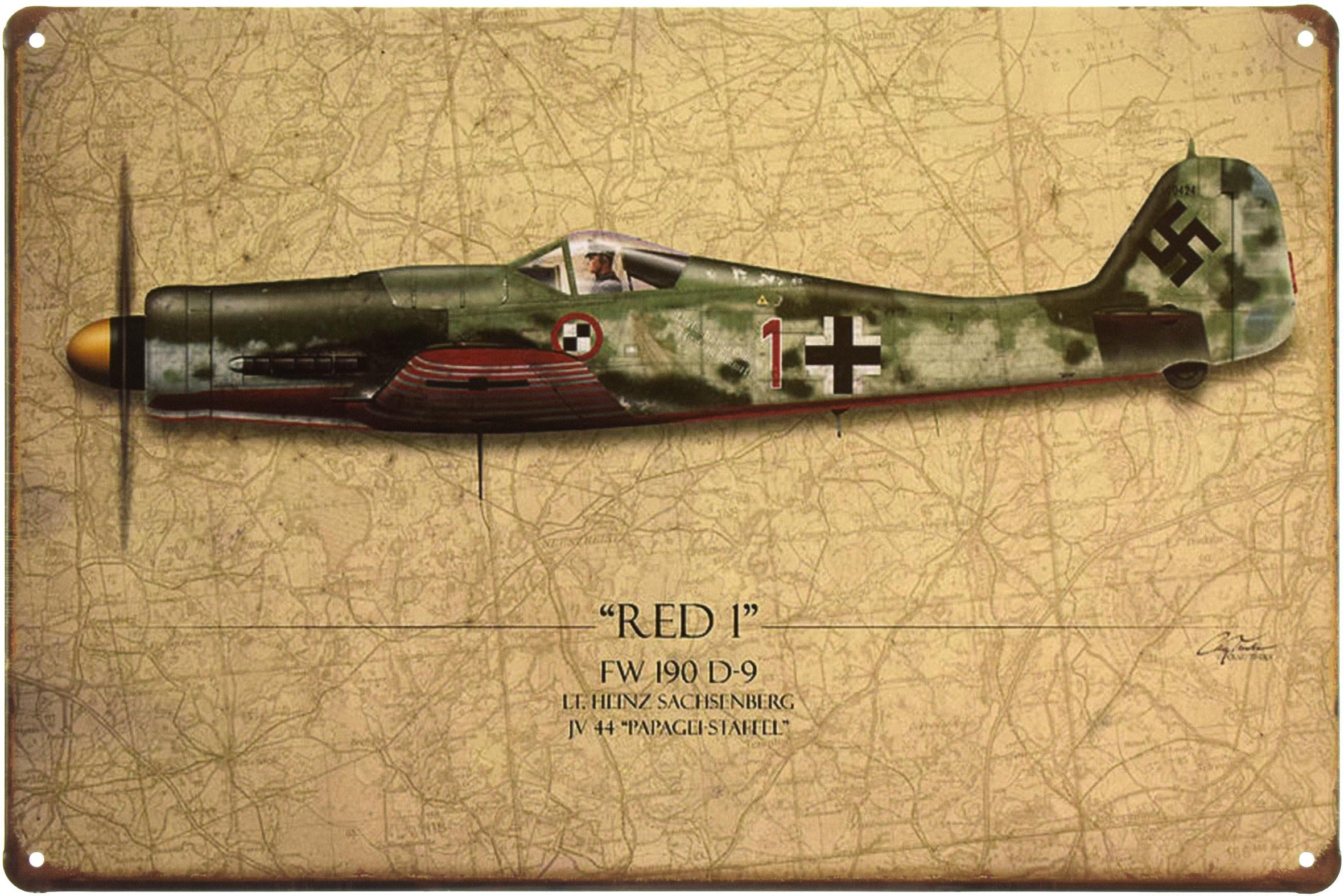 Табличка металлическая Истребитель-Бомбардировщик FW 190 D-9 "RED 1" 20x30 см
