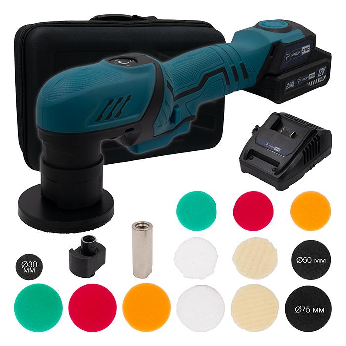 Полировальная машина аккумуляторная эксцентриковая PROFI-TEC PPM-8012SCP Set Professional 12 В с 2 аккумуляторами и 15 кругами (PH00591)