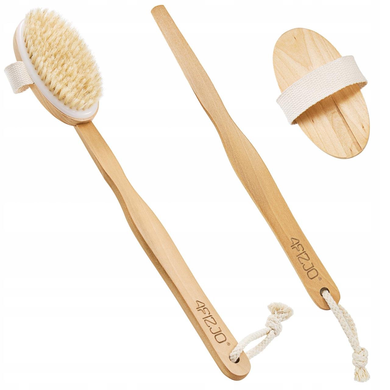 Щітка для сухого масажу тіла 4FIZJO 4FJ0347 2в1 з натуральним ворсом та дерев'яною ручкою