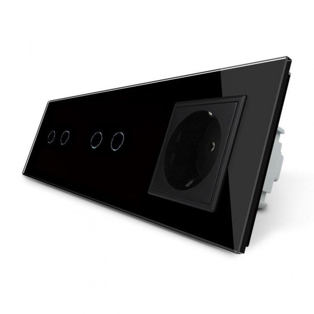 Сенсорный проходной выключатель Livolo 4 сенсора 1 розетка стеклянный Черный (VL-C702S/C702S/C7C1EU-12)