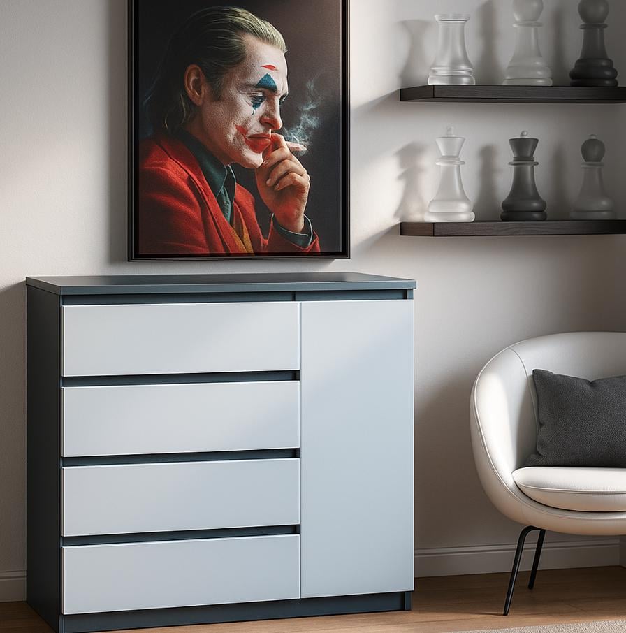 Комод Мастер Форм Брайт ДСП 4/1 телескопічні напрямні правосторонній 1000х376х950 мм Антрацитовий/Білий (20130) Комод Мастер Форм Брайт ДСП 4/1 телескопічні напрямні правосторонній 1000х376х950 мм Антрацитовий/Білий (20130)