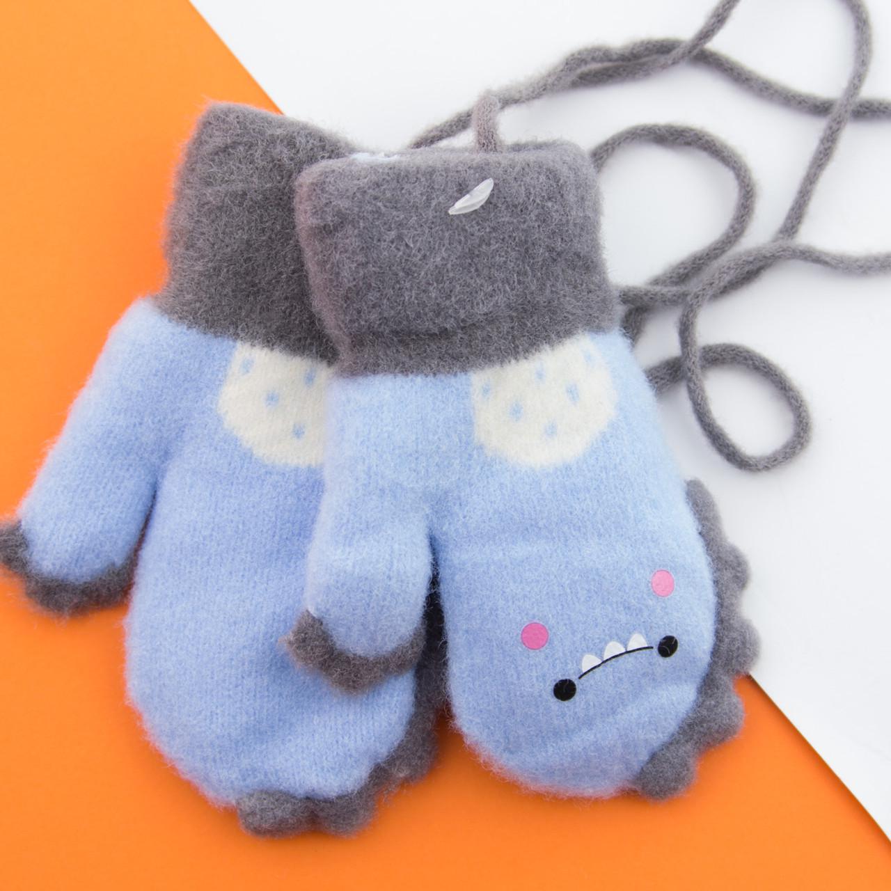 Варежки для малышей зимние с мехом на 1-2 года на веревочке 22-25-44 Голубой (DR009921)