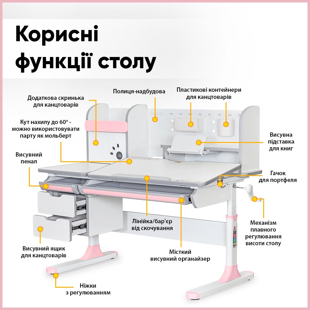 Парта трансформер школьная детская Mealux Hamilton с полкой эргономичная Белый/Розовый (BD-680 W/G MC+PN) - фото 4