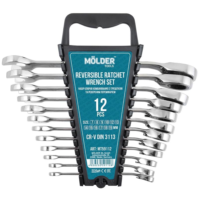 Набор ключей комбинированных рожково-накидных Molder CR-V с трещоткой и реверсом 12 шт. (MT59112)