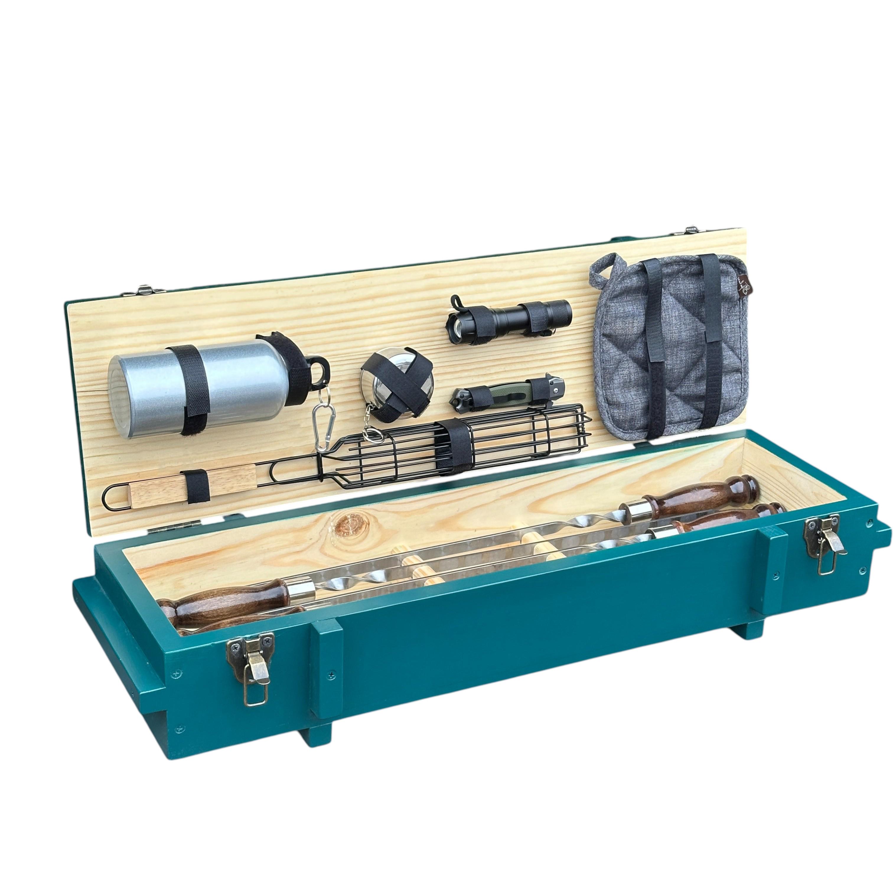 Набір шампурів та аксесуарів Mzavod Штурм із нержавіючої сталі в дерев’яному кейсі 740x250x200 мм 12 пр. Бірюзовий (136-17-1191910000187)