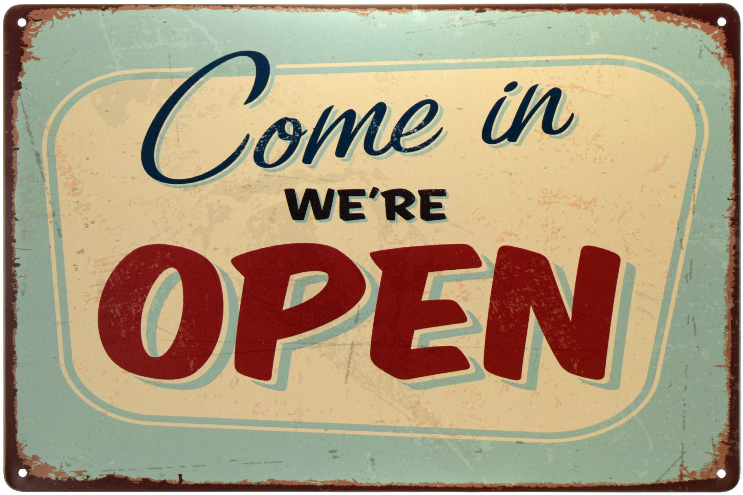 Табличка металлическая Входите Мы Открыты/Come In We're Open 20x30 см