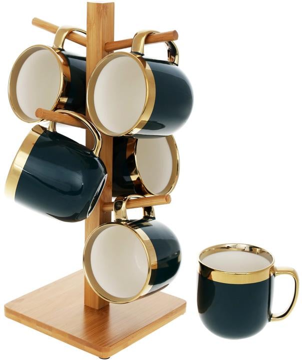 Чайный набор Золотая Линия 6 кружек 320 мл на бамбуковой стойке Темно-зеленый (BD-905-225)