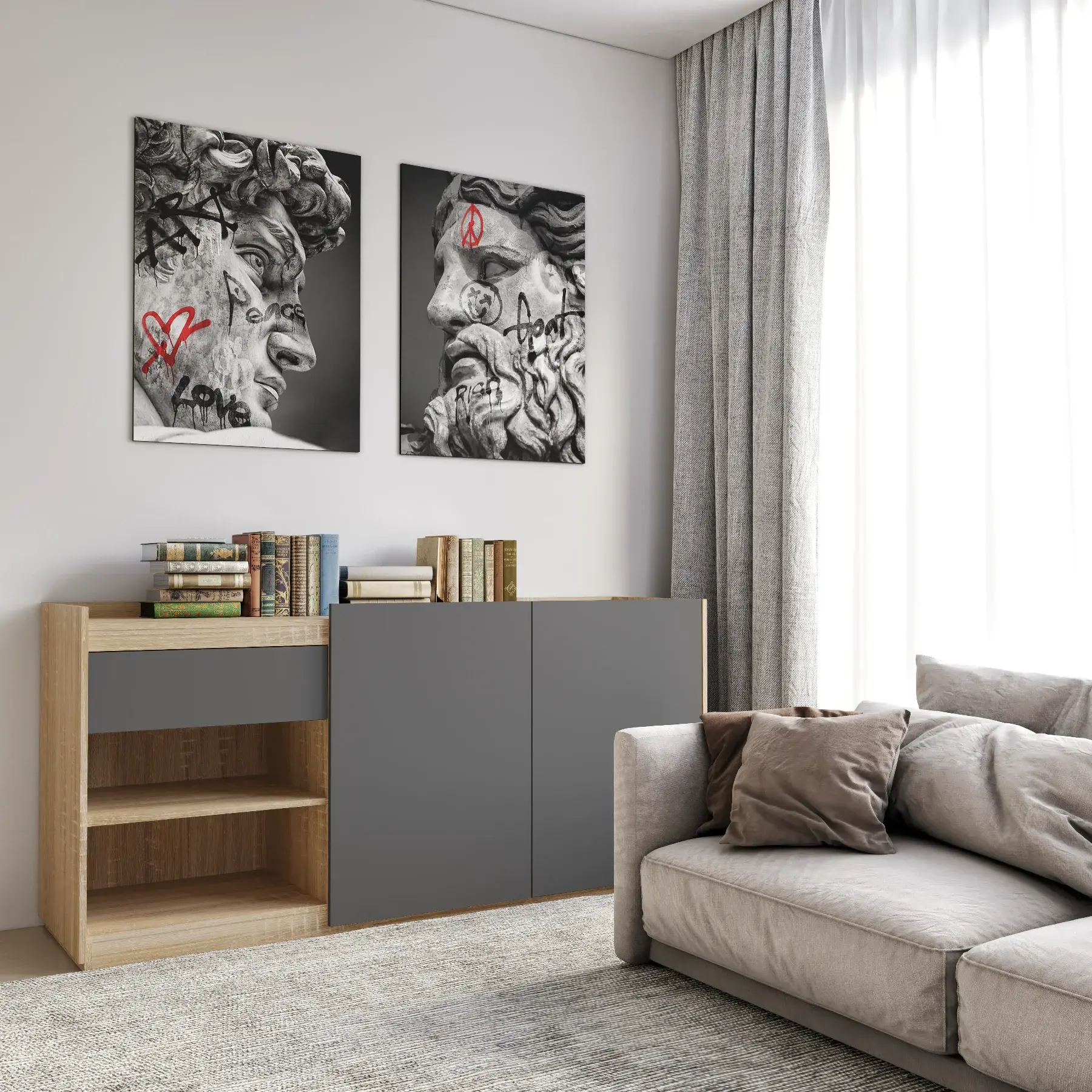 Комод FRS-3 без ручек с двумя дверцами/ящиком и полками 1840х500х860 мм Дуб сонома/Антрацит
