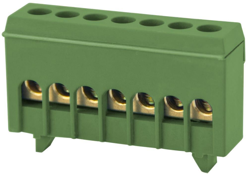 Шина нульова E.NEXT e.bsi.pro.1.7 7 отворів 6х9 мм мідь у корпусному ізоляторі на DIN-рейку Зелений (p0650017)