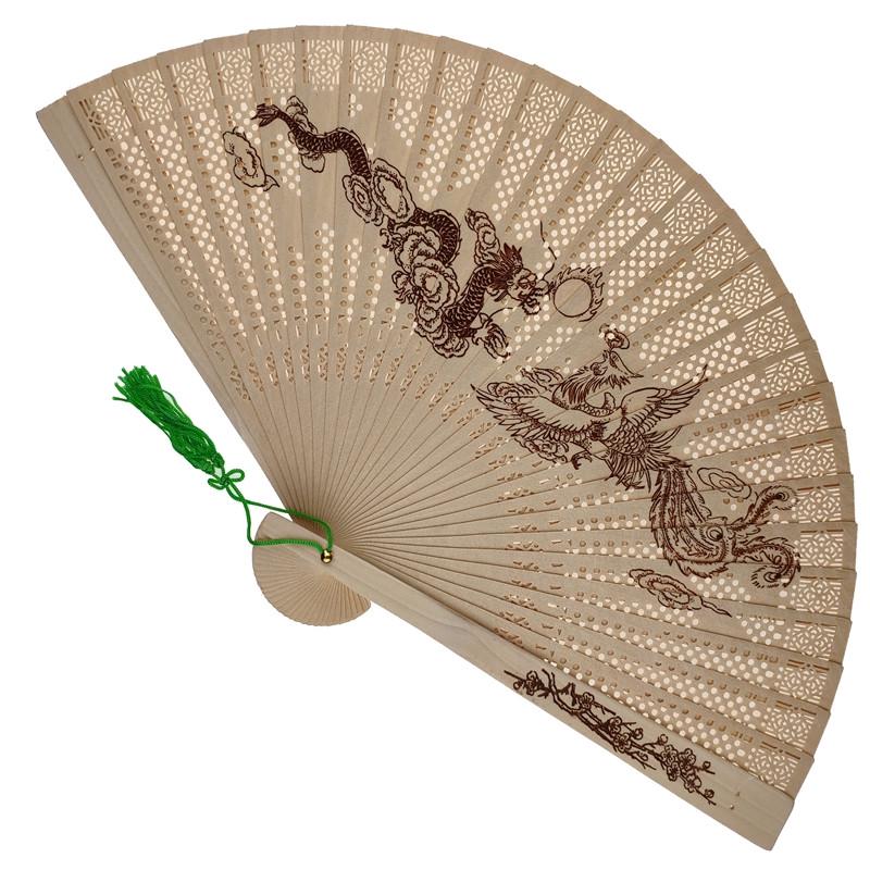 Віяло дерев'яне різьблене Дракон і Фенікс (С3486)