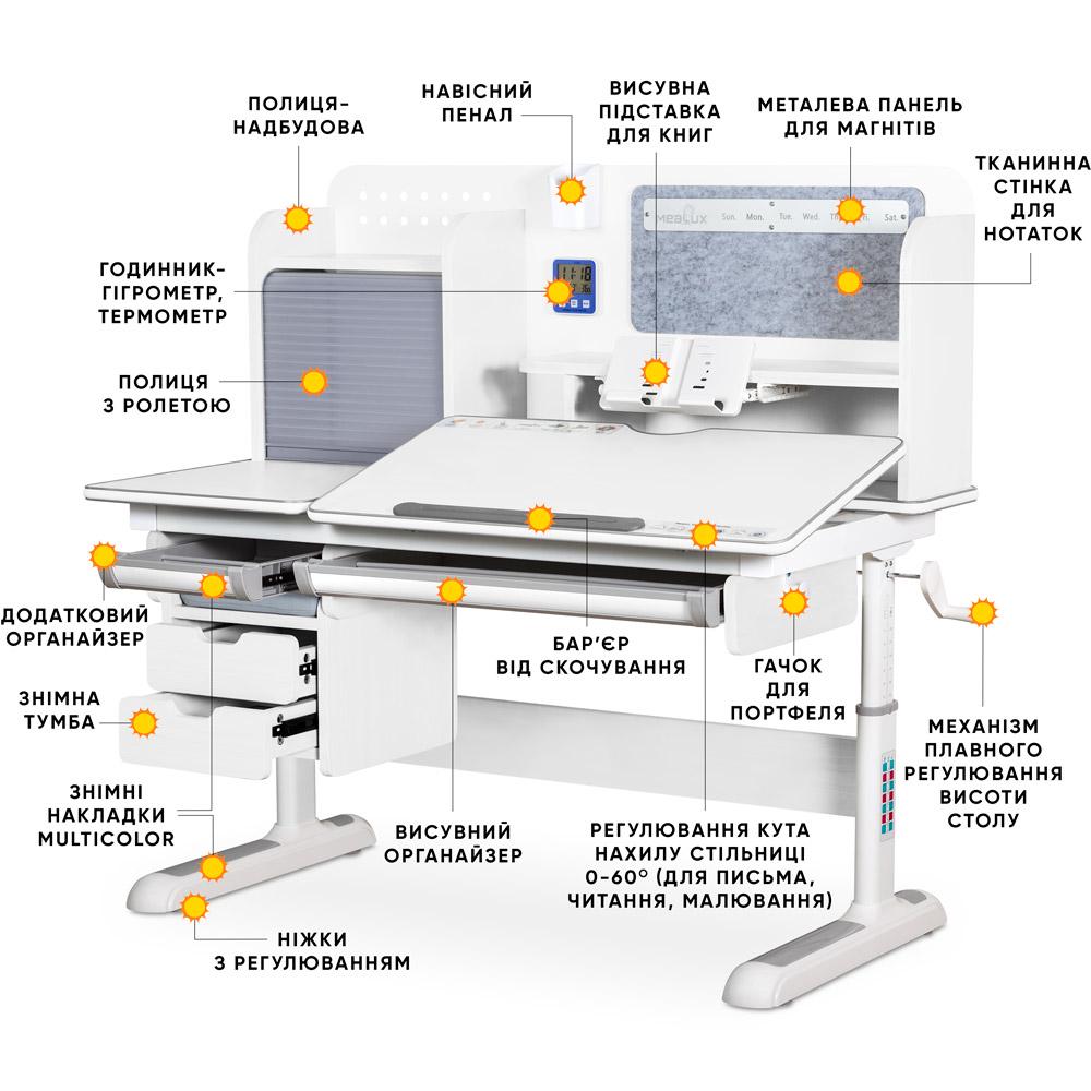 Парта трансформер школьная эргономичная детская Mealux Winnipeg Multicolor Plus Белый/Серый (BD-630 WG з тумбою) - фото 3