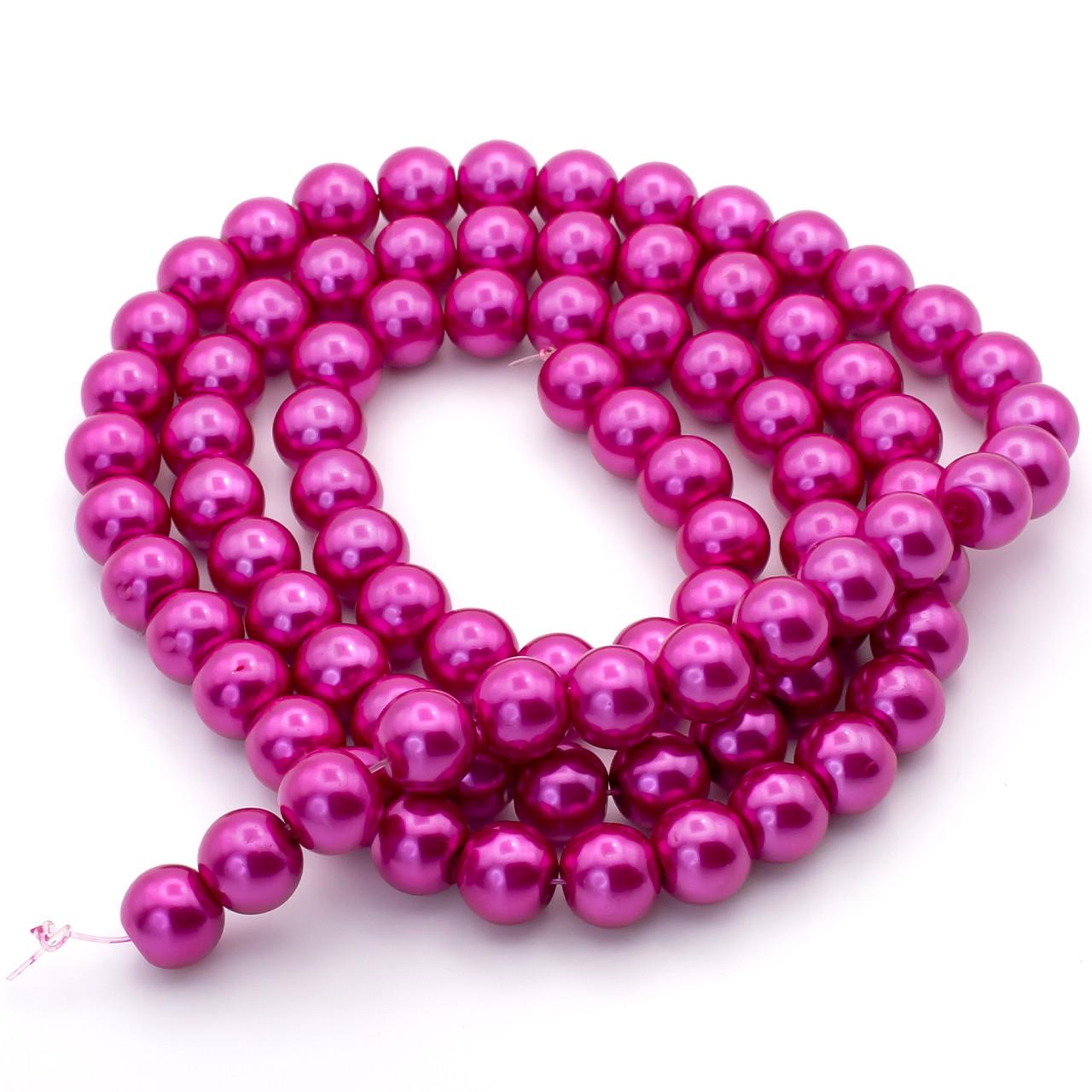 Бусины стеклянные на нитке под жемчуг 10 мм 80 см 90 шт. Фуксия (БЖ0010к60)