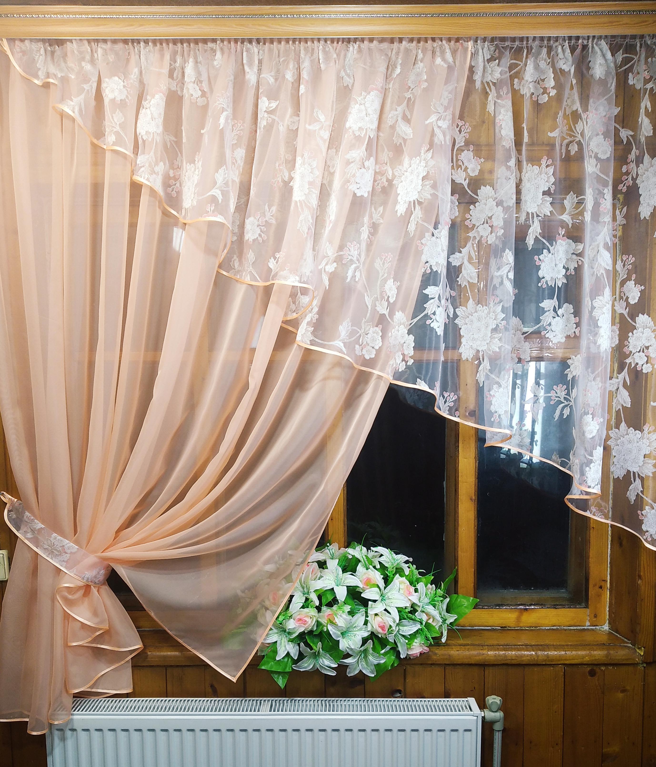 Занавеска кухонная короткая левая готовая Анжелика веточка Персиковый