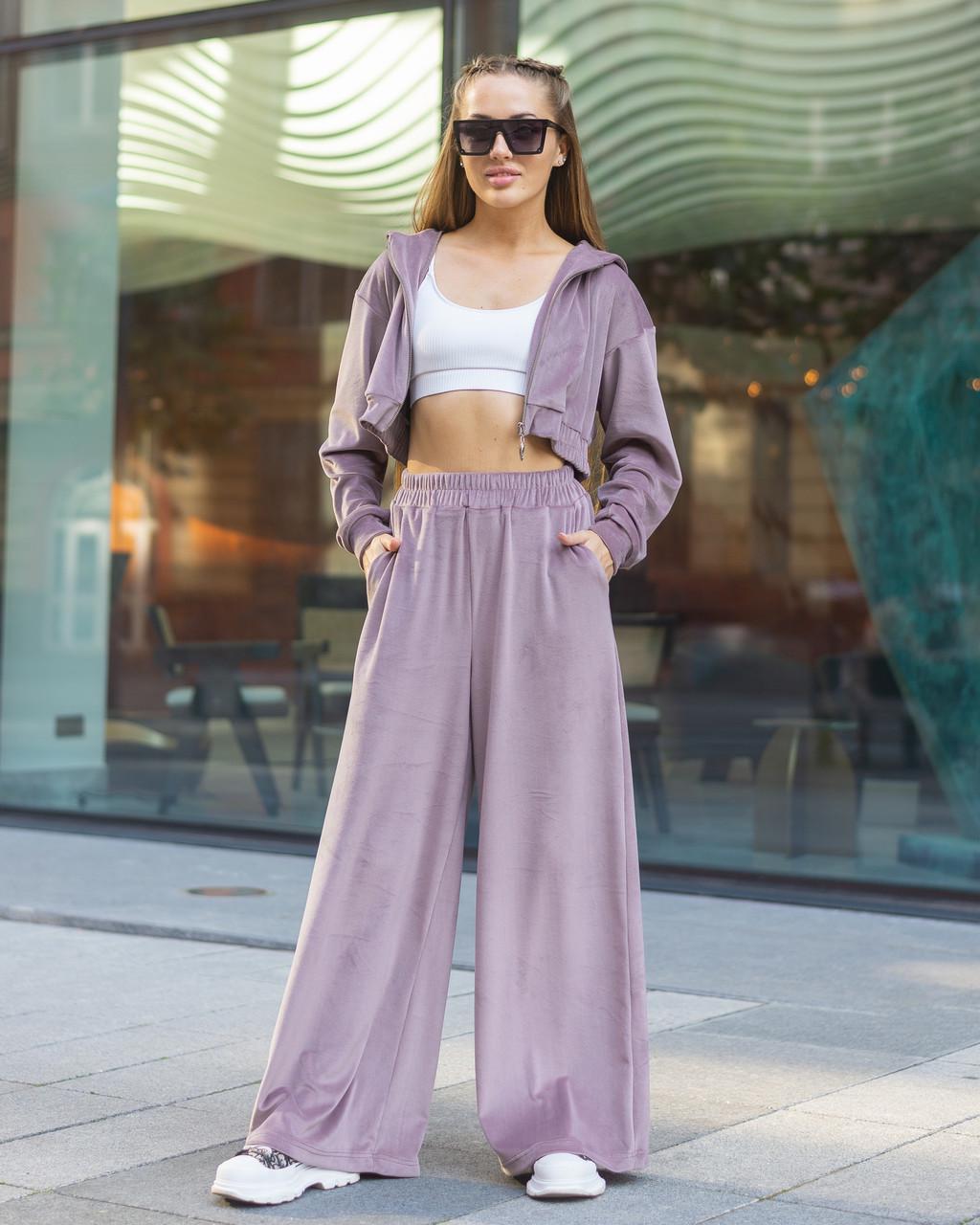 Костюм женский из велюра Maybel кофта на змейке с капюшоном и штаны-палаццо M Мокко (1963255272)