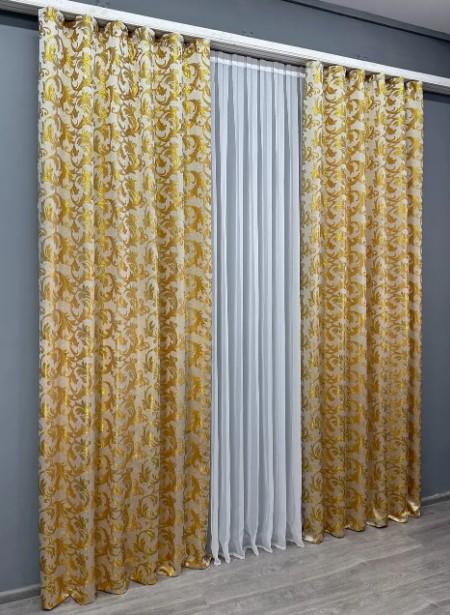 Тканина для штор жакард Завиток 1,45 м Молочний/Золотистий (1645ш) - фото 2 Тканина для штор жакард Завиток 1,45 м Молочний/Золотистий (1645ш) - фото 2