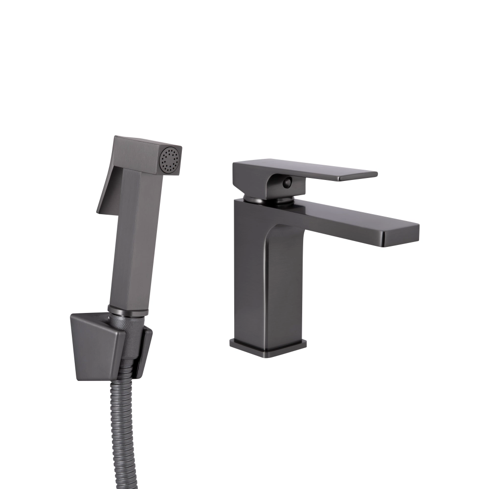 Смеситель для умывальника Qtap Gemini с гигиеническим душем d 35 однорычажный PVD Графит (SD00051816)
