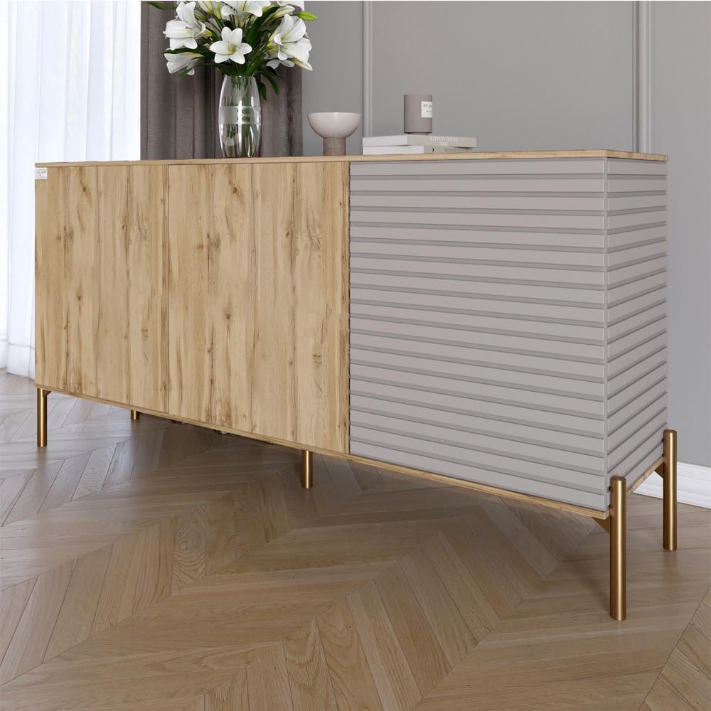 Комод закрытый в гостиную на золотых металлических ножках Lion Грей 154x38x76,5 см Дуб Аппалачи/Кашемир (Lion-041868)
