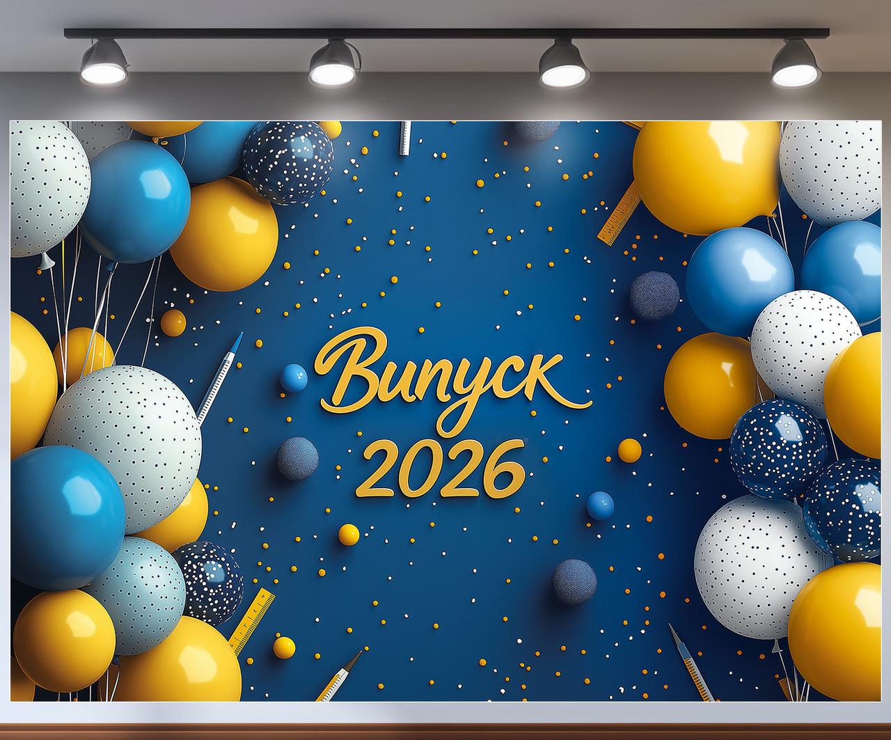 Баннер для фотозоны "Випуск 2026" сине-желтые шарики и конфетти на насыщенном синем фоне фотозона 240x160 см №41315