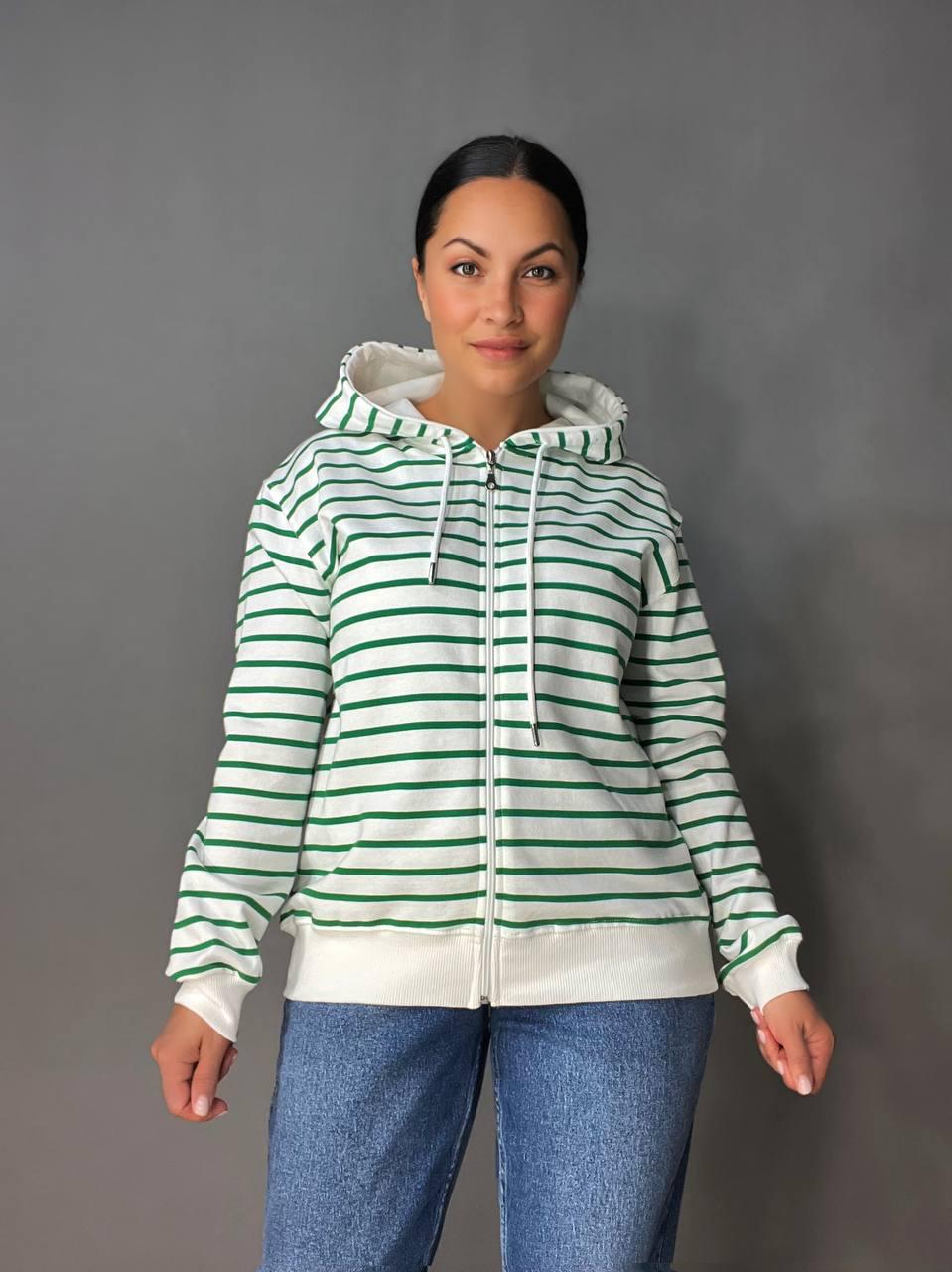 Толстовка жіноча PEPPER MINT 24-01 в смужку на блискавці з капюшоном OS Зелений (1371) - фото 9