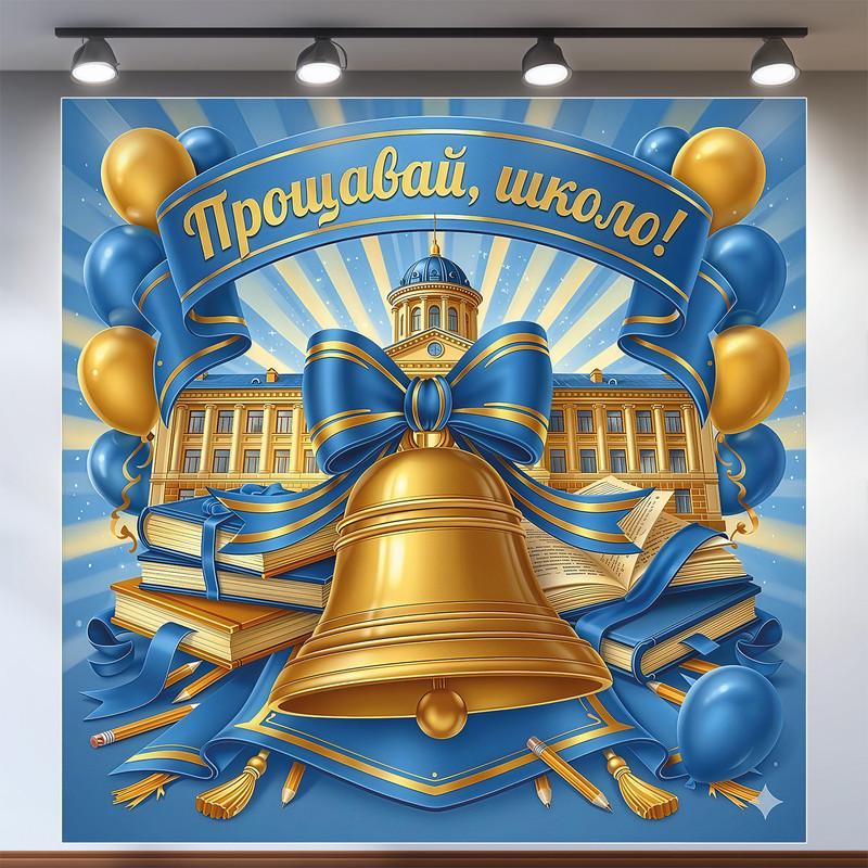 Баннер праздничный Последний звонок Прощай школо! со звонком и зданием школы 200x200 см (№41106)