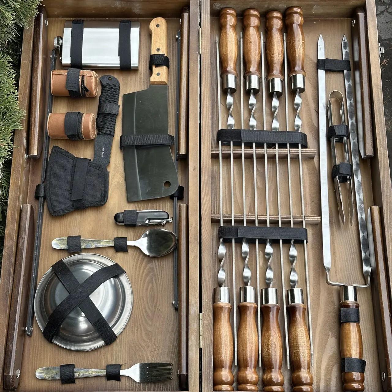 Подарунковий набір шампурів Mzavod Пікнік із нержавіючої сталі в дерев’яному кейсі-стілі 680x300x110 мм (136-17-1191510000853) - фото 7