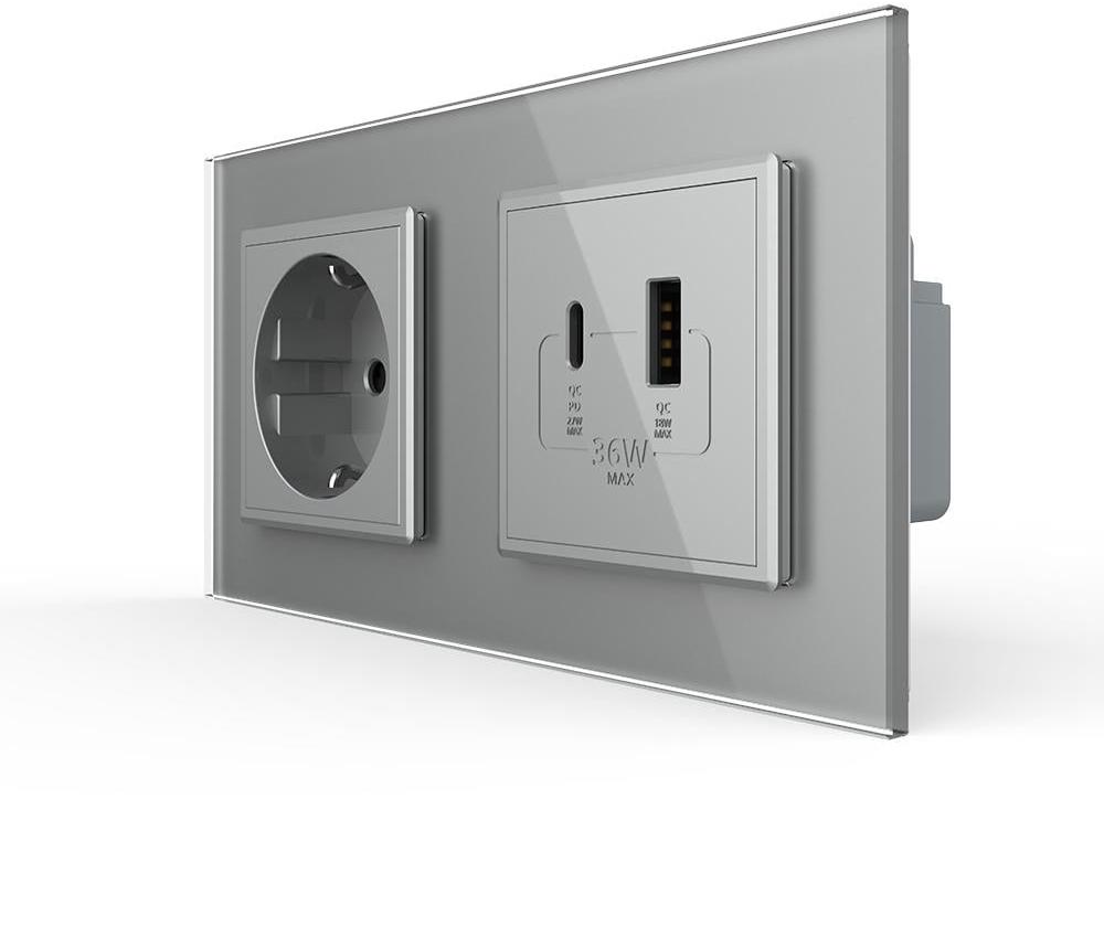 Розетка настенная LIVOLO с USB-A/USB-C Power Delivery 36W дизайнерская стеклянная рамка Серый (VL-C7FCTC16A/FCUA18W.UC18W-4IP) Розетка настенная LIVOLO с USB-A/USB-C Power Delivery 36W дизайнерская стеклянная рамка Серый (VL-C7FCTC16A/FCUA18W.UC18W-4IP)