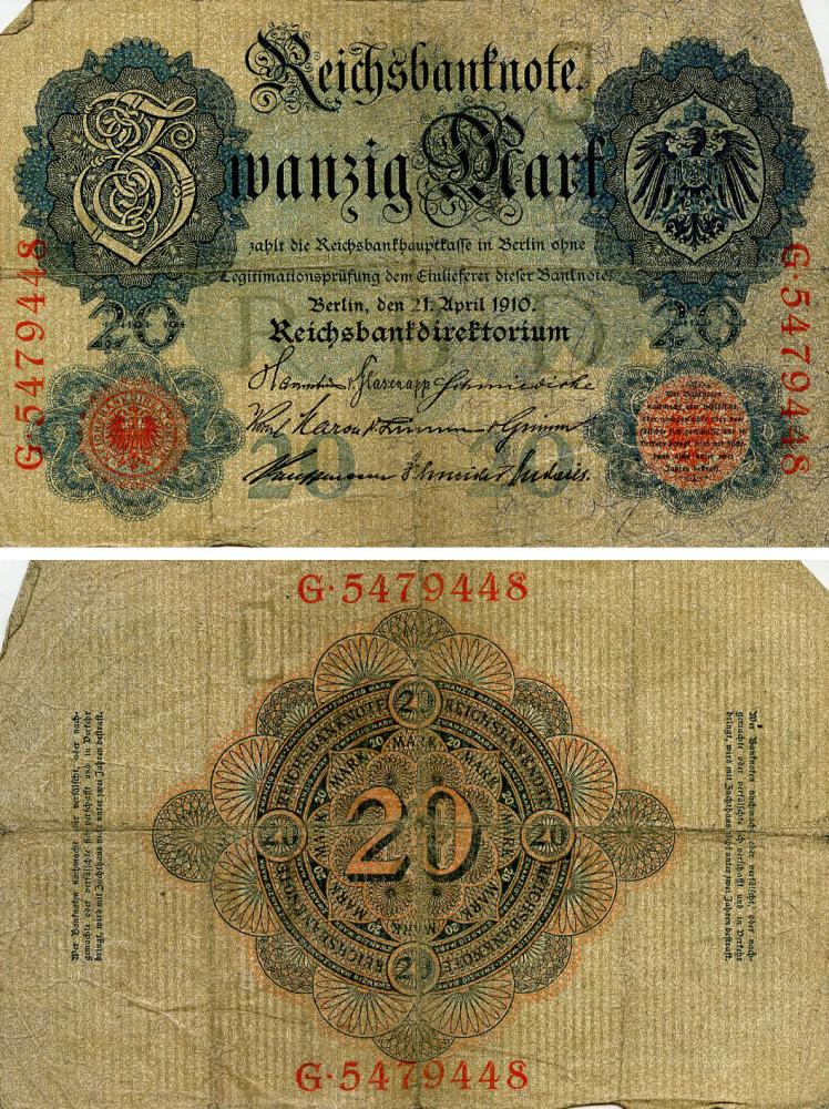 Коллекционные банкноты Германия 20 марок 1910 VG-VF (P40b)