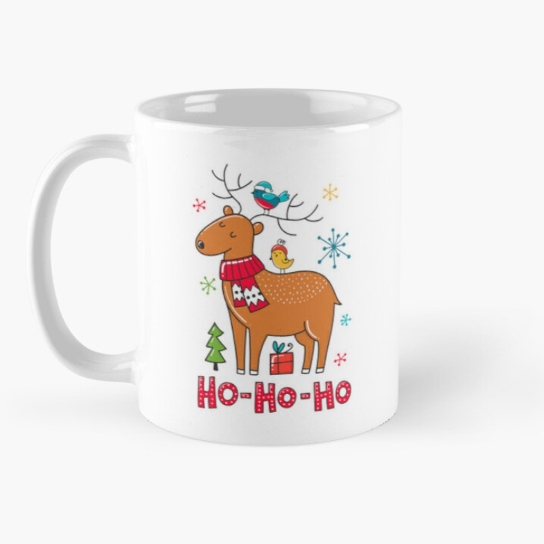 Чашка керамическая с принтом Ho Ho Ho Олень и птички 330 мл Белый