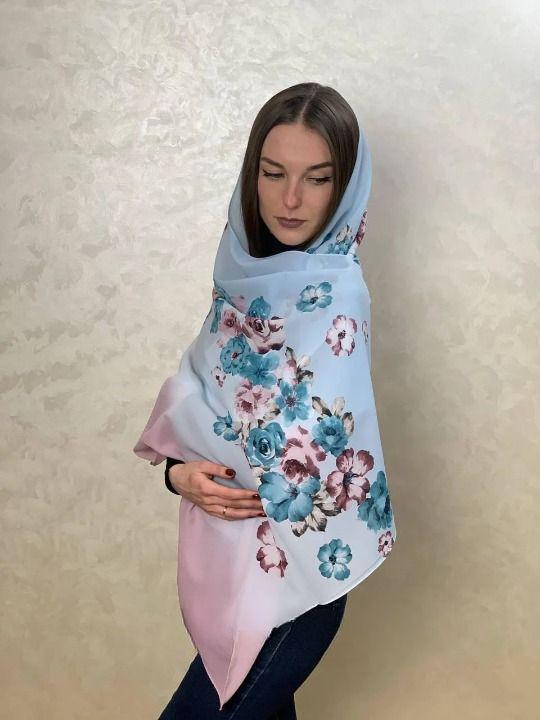 Шарф шифоновый Букет роз Голубой/Розовый (ШарфШиф15)