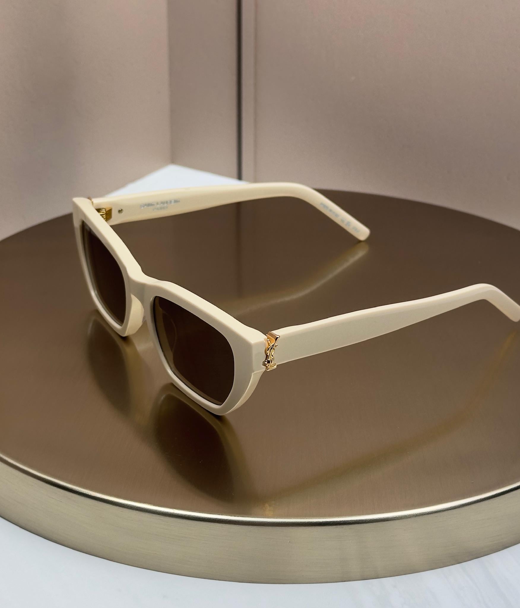Солнцезащитные очки Saint Laurent SL M127 ацетатные прямоугольные коричневая линза женские Кремовый
