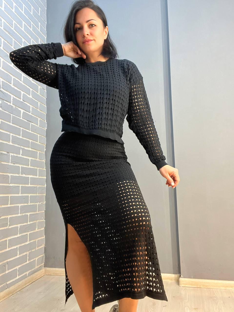 Костюм женский MINTAS 4204-2414 ажурная вязка реглан с юбкой OS Черный (1884) - фото 3 Костюм женский MINTAS 4204-2414 ажурная вязка реглан с юбкой OS Черный (1884) - фото 3