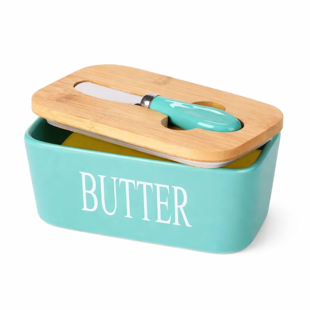 Масленка керамическая с бамбуковой крышкой и ножом для масла 500 мл Бирюзовый (34166460)