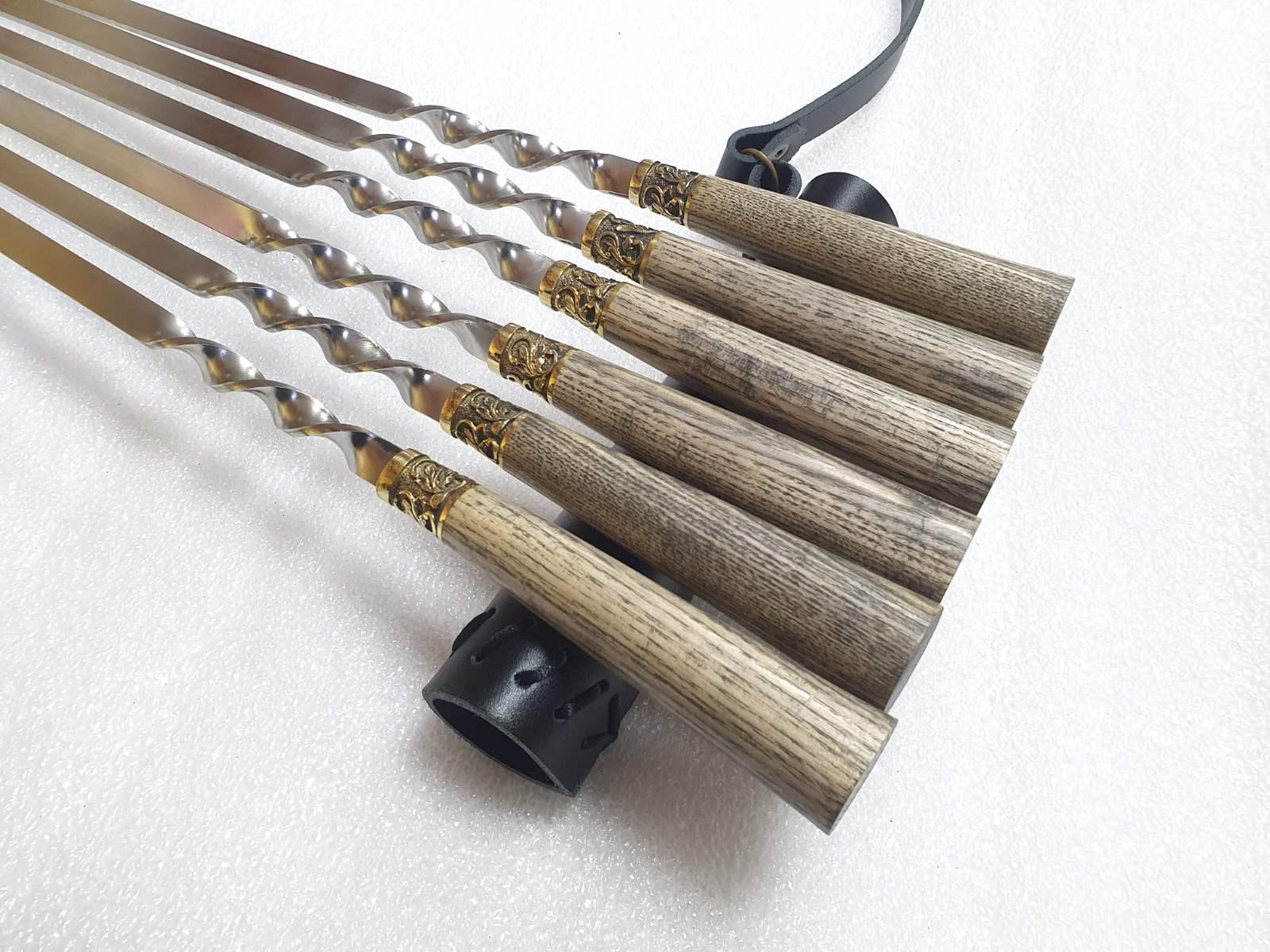 Набір шампурів ручної роботи Класік нержавіюча сталь 3 мм дерев'яні ручки у шкіряному сагайдаку 6 шт. (46001)