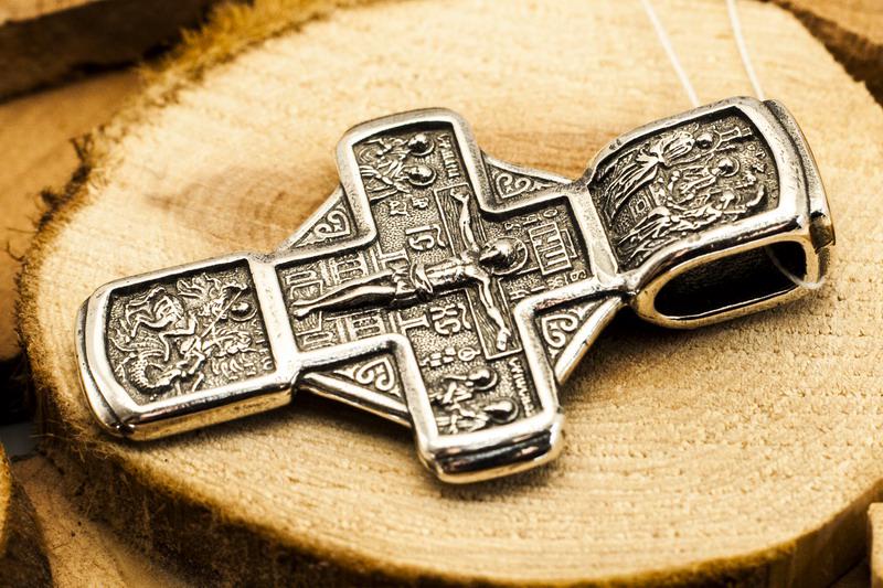 Серебряный крест Святая Троица Св Георгий Николай Чудотворец Архангел Гавриил и Михаил - фото 7