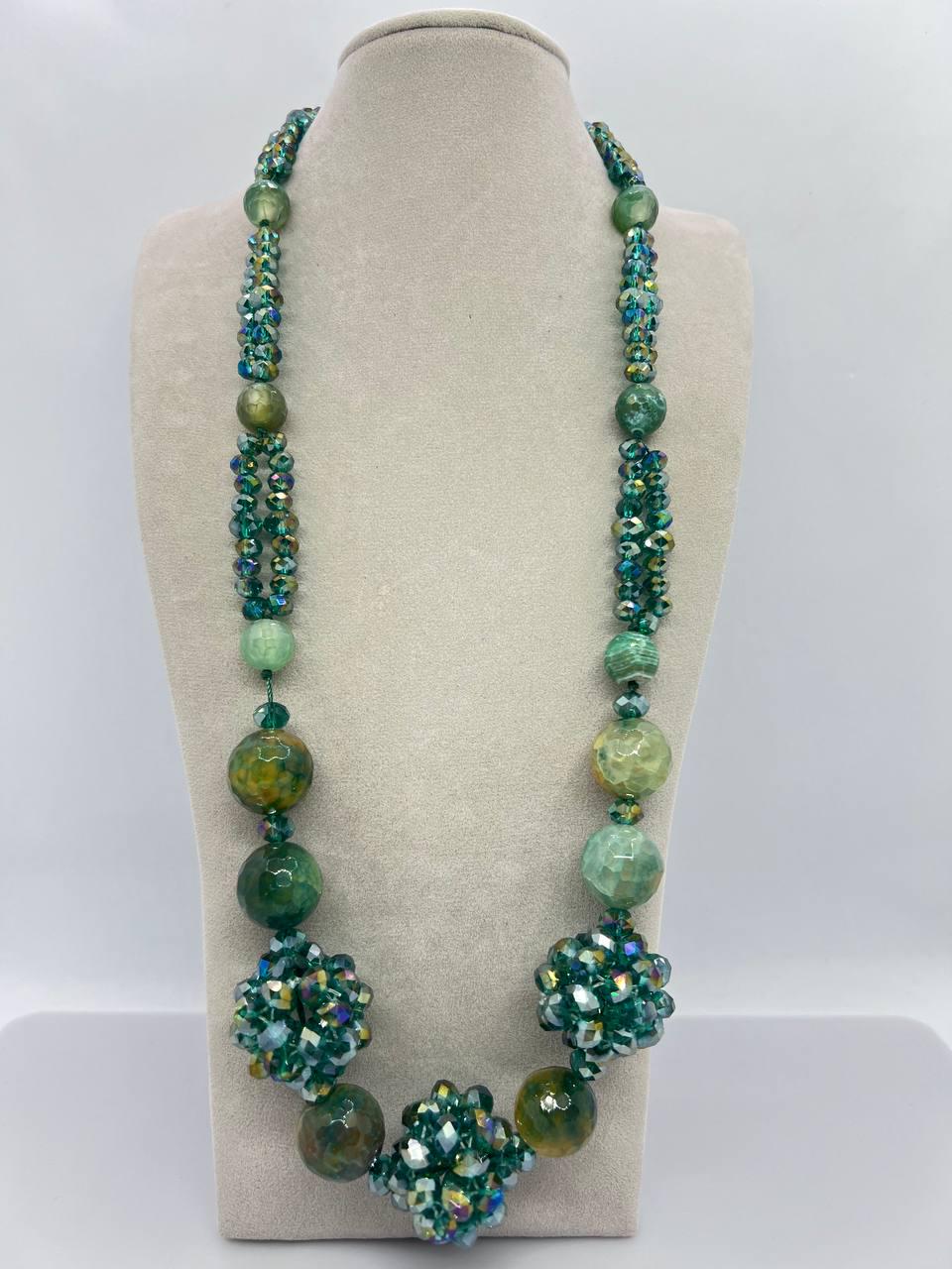 Намисто агат та кришталь 17x22 мм 60 см Зелений (11019)