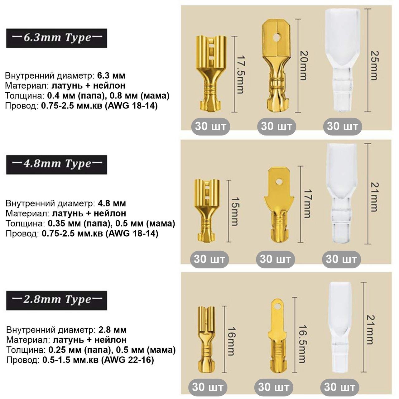 Набір обтискних клем з ізоляцією 270 шт. 2,8 мм/4,8 мм/6,3 мм конектори/клеми мама-тато Gold (137673) - фото 3
