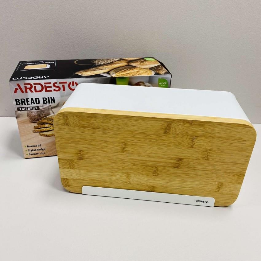 Хлібниця металева зі зсувною кришкою-дошкою Ardesto Midori AR0914WB White 33x13x18 см (2252619296)