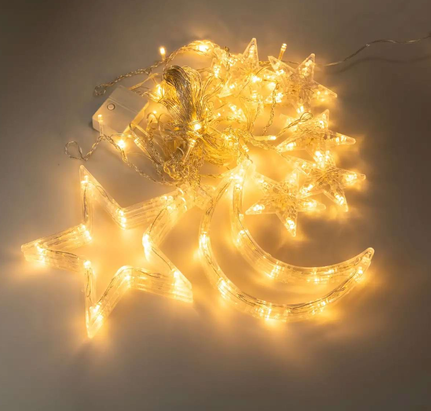 Гирлянда-штора Луна и звезды размер 3х0,9 м 12 фигур Желтый - фото 1 Гирлянда-штора Луна и звезды размер 3х0,9 м 12 фигур Желтый - фото 1