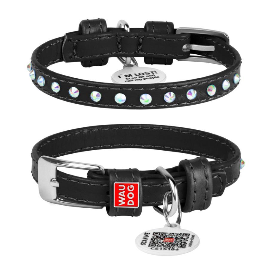 Ошейник для собак кожаный Waudog Glamour с QR паспортом с клеевыми стразами XS 9 мм 18-21 см