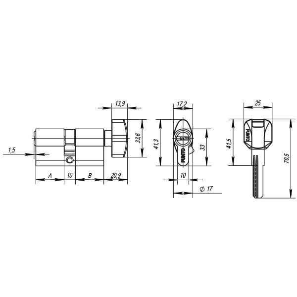 Цилиндровый механизм Punto Z402/70 Z4002Knob70 30+10+30 мм с вертушкой PB латунь - фото 2