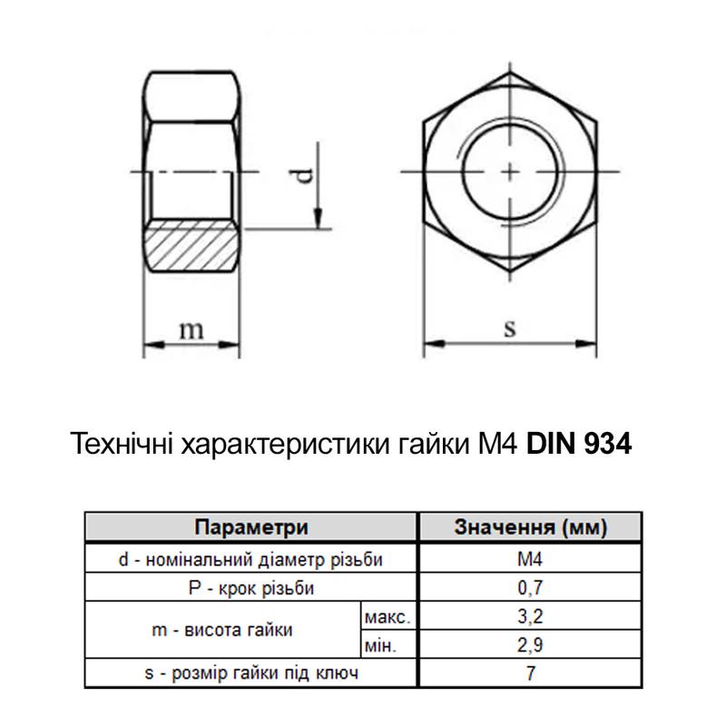 ᐉ Гайка шестигранна Metalvis М4 DIN934 сталь 6 крок 0,7 під ключ 7 мм ...