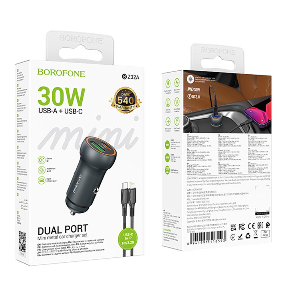 Зарядний пристрій автомобільний Borofone BZ32A 1USB/1USB-C QC/PD30W+Type-C to Lightning - фото 3 Зарядний пристрій автомобільний Borofone BZ32A 1USB/1USB-C QC/PD30W+Type-C to Lightning - фото 3