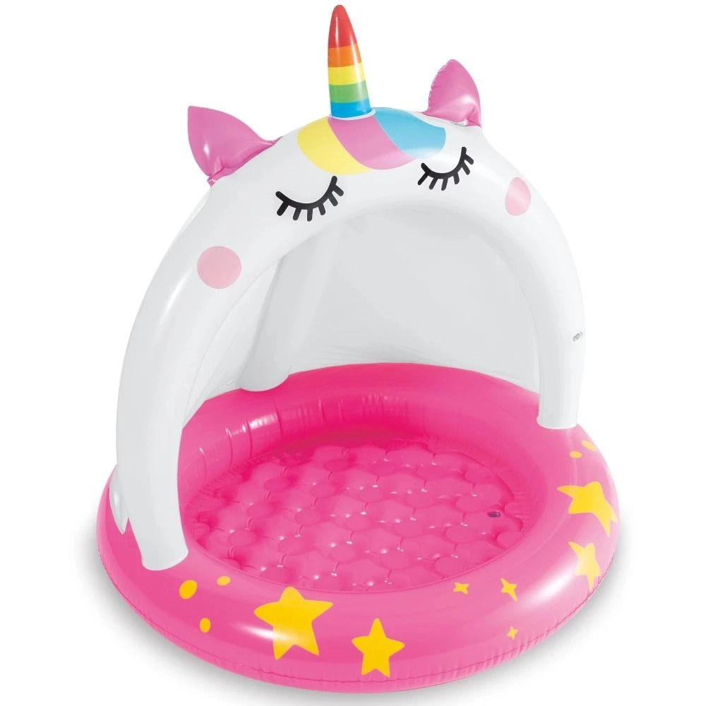 Бассейн надувной детский Intex Единорог виниловый с навесом/насосом/подстилкой/тентом и шариками Бело-розовый (21-9-58438-3) - фото 2